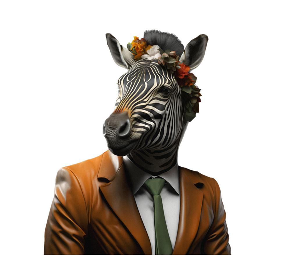 Kabo (a zebra) in a orange suit with a floral arrangement on his head.