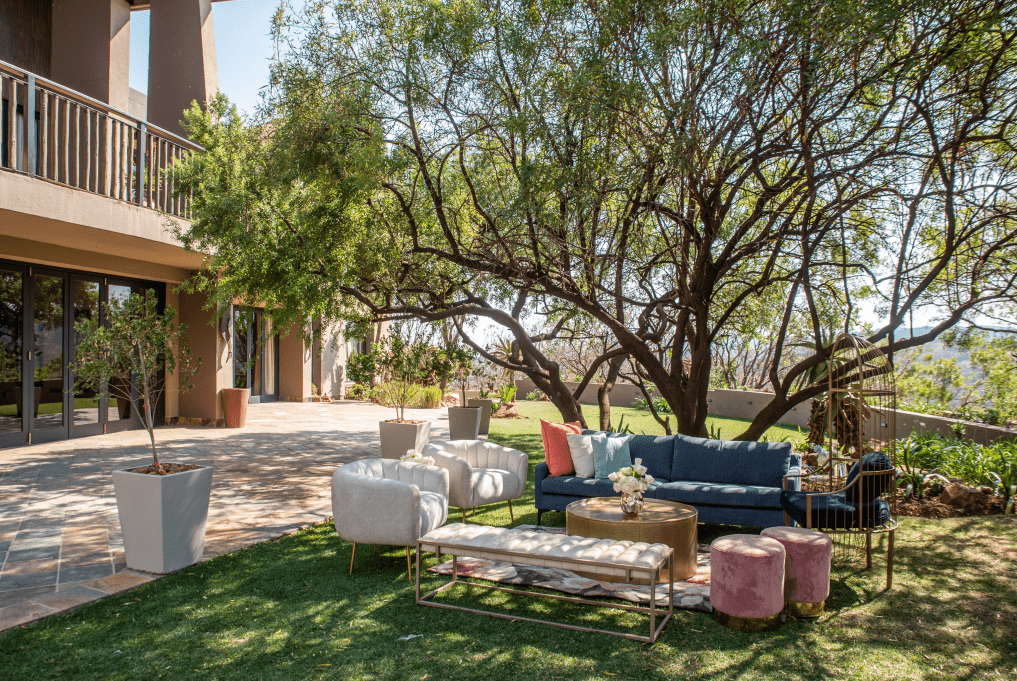 Outdoor seating at Tswana Hall at Thaba Eco Hotel with decorative seating